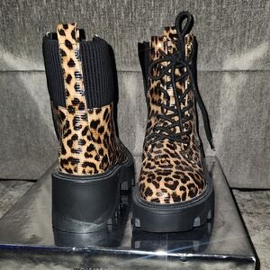 Azalea Wang Leopard Print Lace-Up Platform Boots for Women